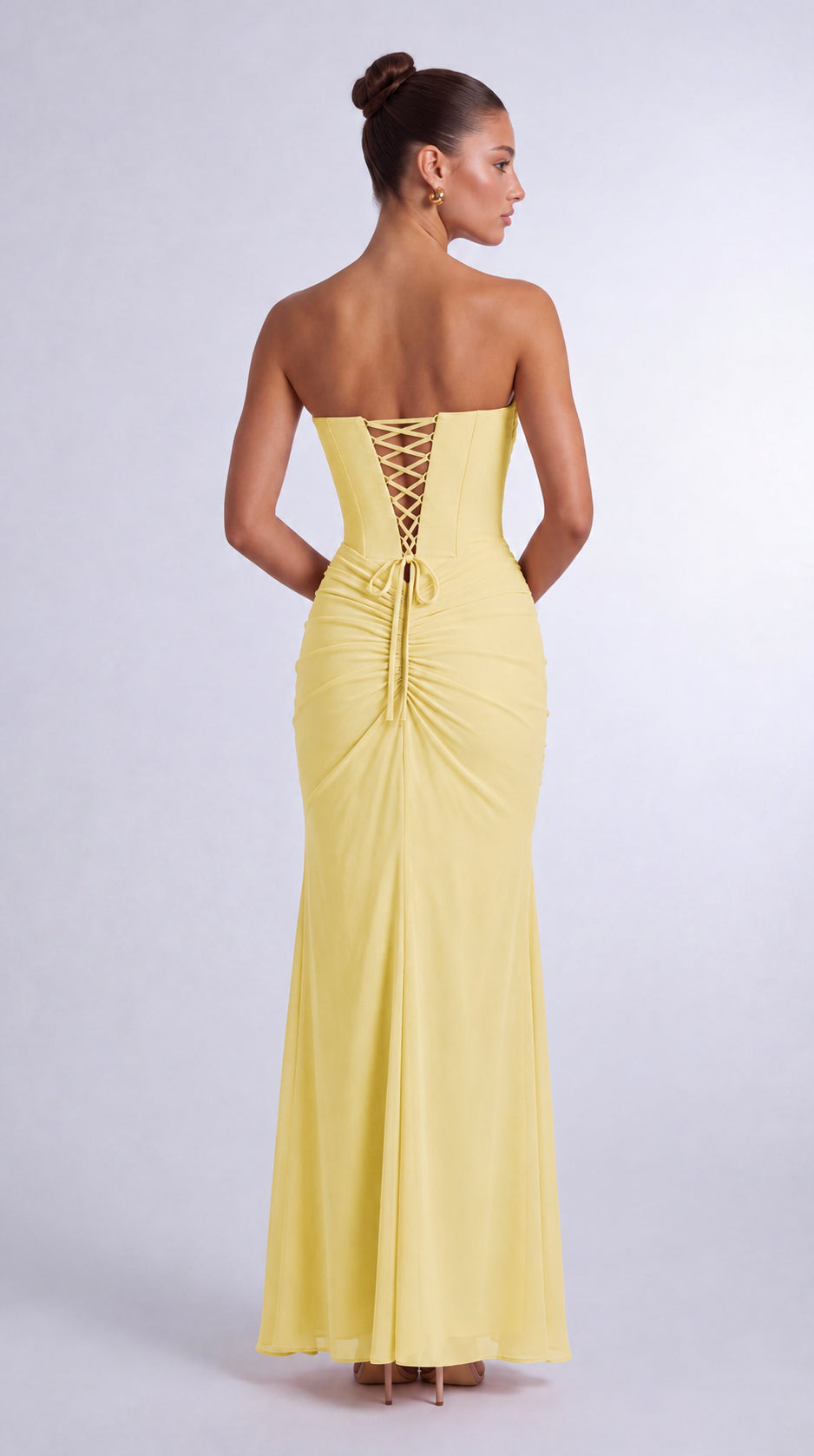 Chiffon Scarf-Tie Strapless Ruched Lace-Up Back Mermaid Maxi Dress – Prom & Evening Gown - Butter Yellow - View 3