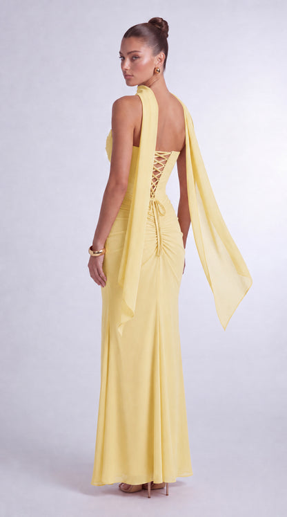 Chiffon Scarf-Tie Strapless Ruched Lace-Up Back Mermaid Maxi Dress – Prom & Evening Gown - Butter Yellow - View 4