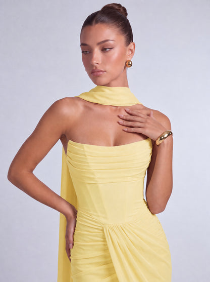 Chiffon Scarf-Tie Strapless Ruched Lace-Up Back Mermaid Maxi Dress – Prom & Evening Gown - Butter Yellow - View 5