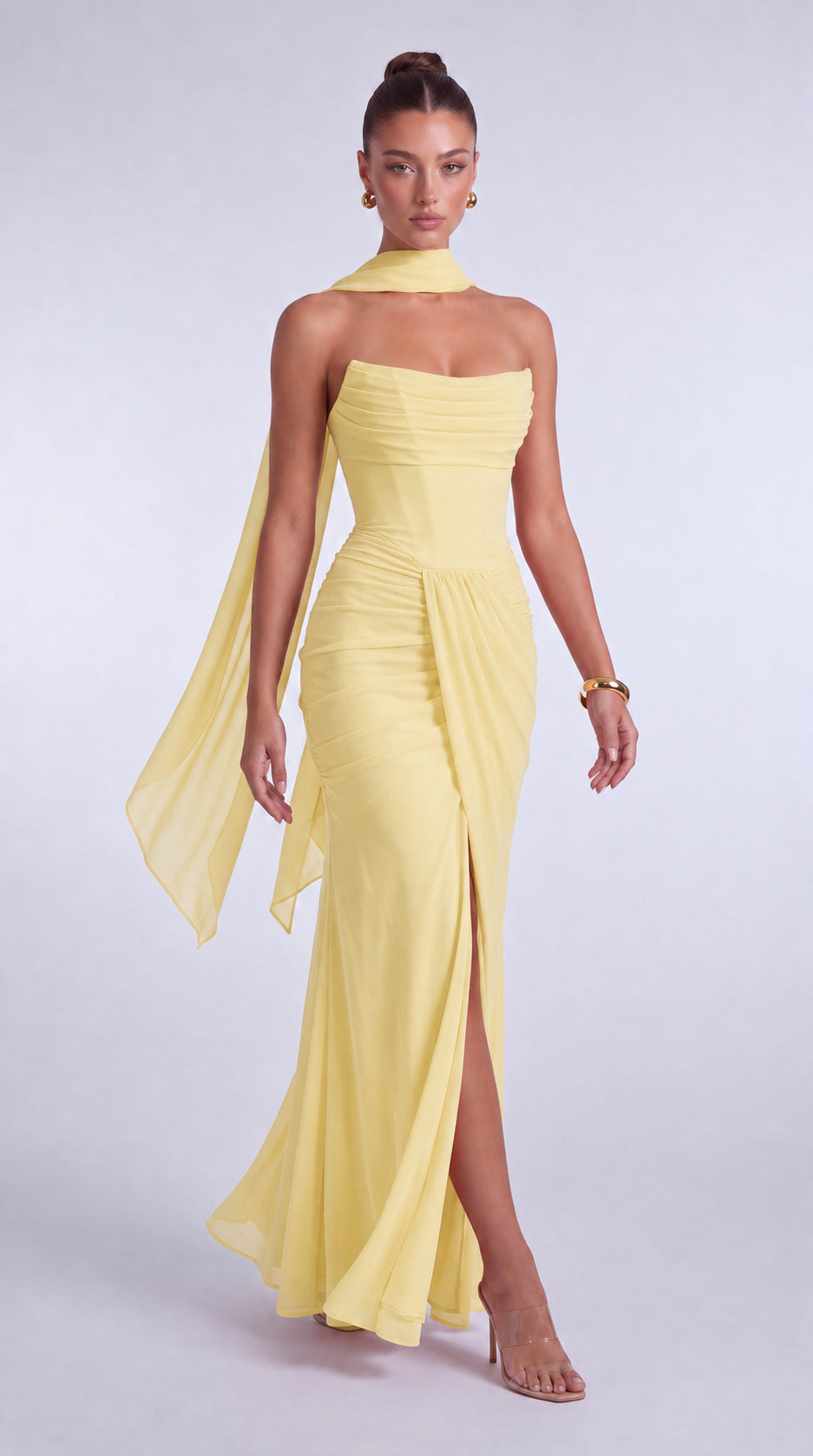 Chiffon Scarf-Tie Strapless Ruched Lace-Up Back Mermaid Maxi Dress – Prom & Evening Gown - Butter Yellow - View 6