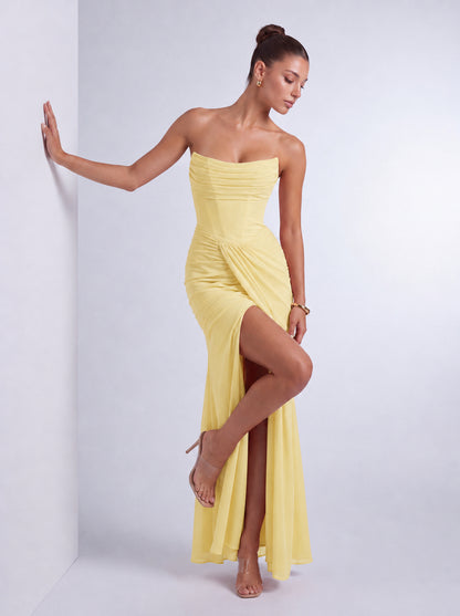 Chiffon Scarf-Tie Strapless Ruched Lace-Up Back Mermaid Maxi Dress – Prom & Evening Gown - Butter Yellow - View 7