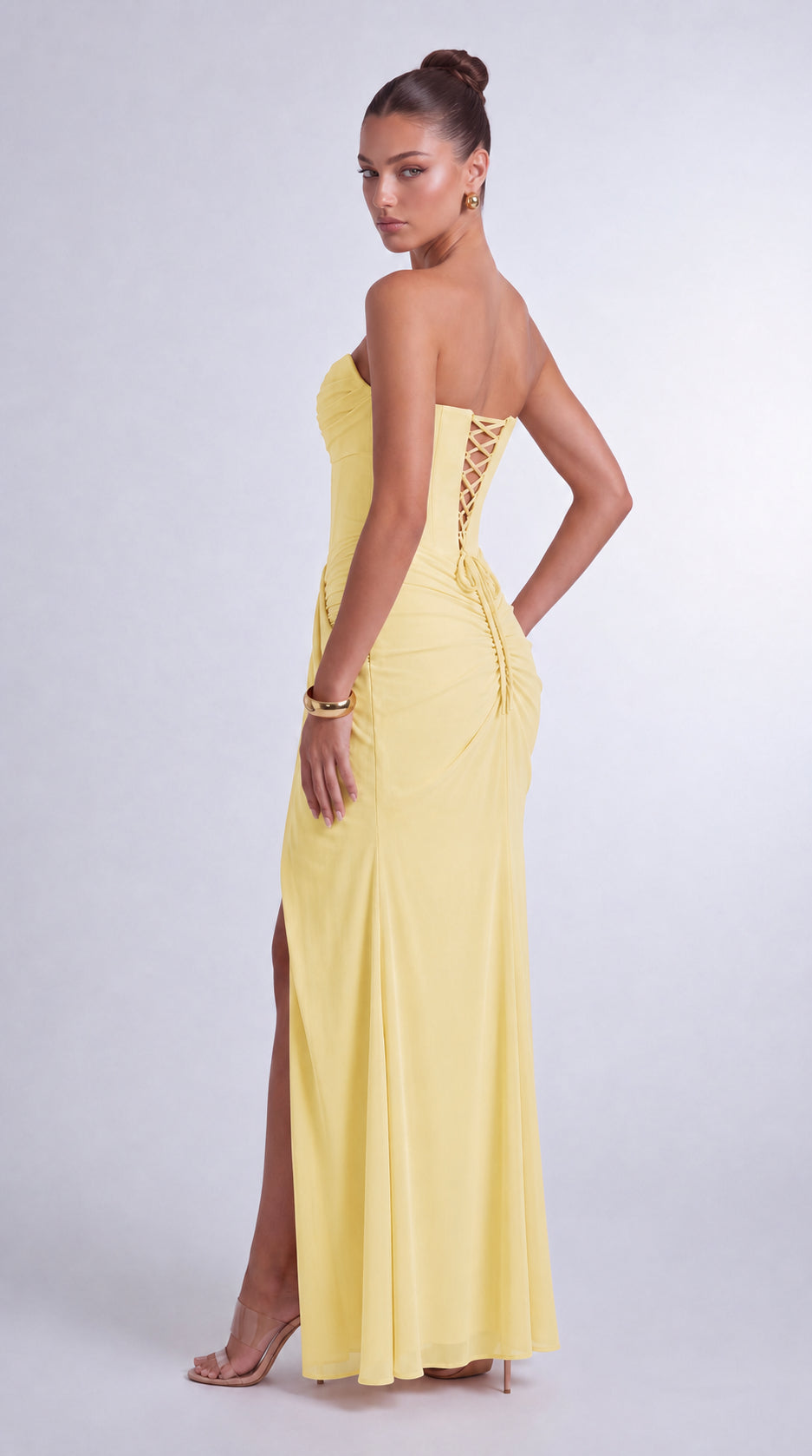 Chiffon Scarf-Tie Strapless Ruched Lace-Up Back Mermaid Maxi Dress – Prom & Evening Gown - Butter Yellow - View 8