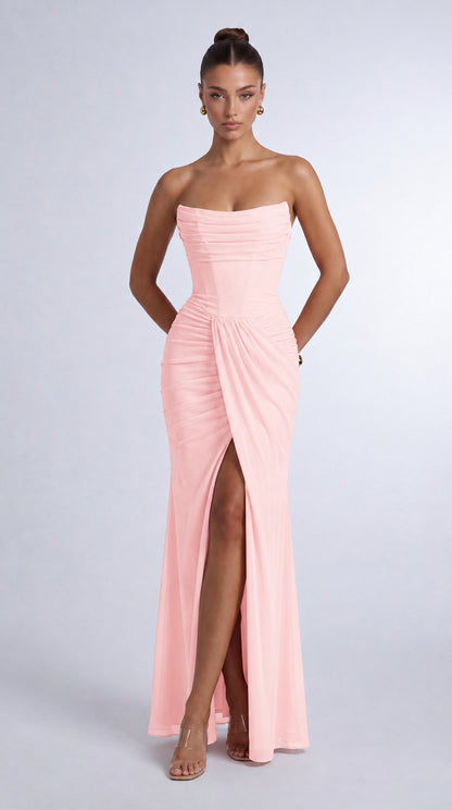Chiffon Scarf-Tie Strapless Ruched Lace-Up Back Mermaid Maxi Dress – Prom & Evening Gown - Light Pink - View 1