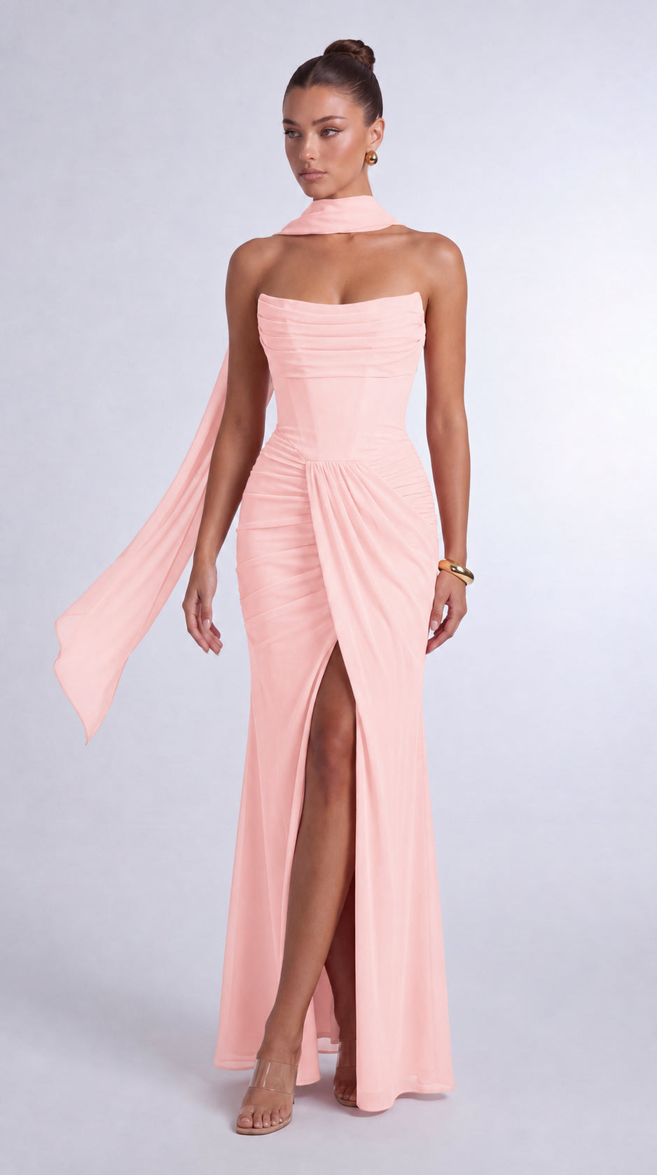 Chiffon Scarf-Tie Strapless Ruched Lace-Up Back Mermaid Maxi Dress – Prom & Evening Gown - Light Pink - View 2