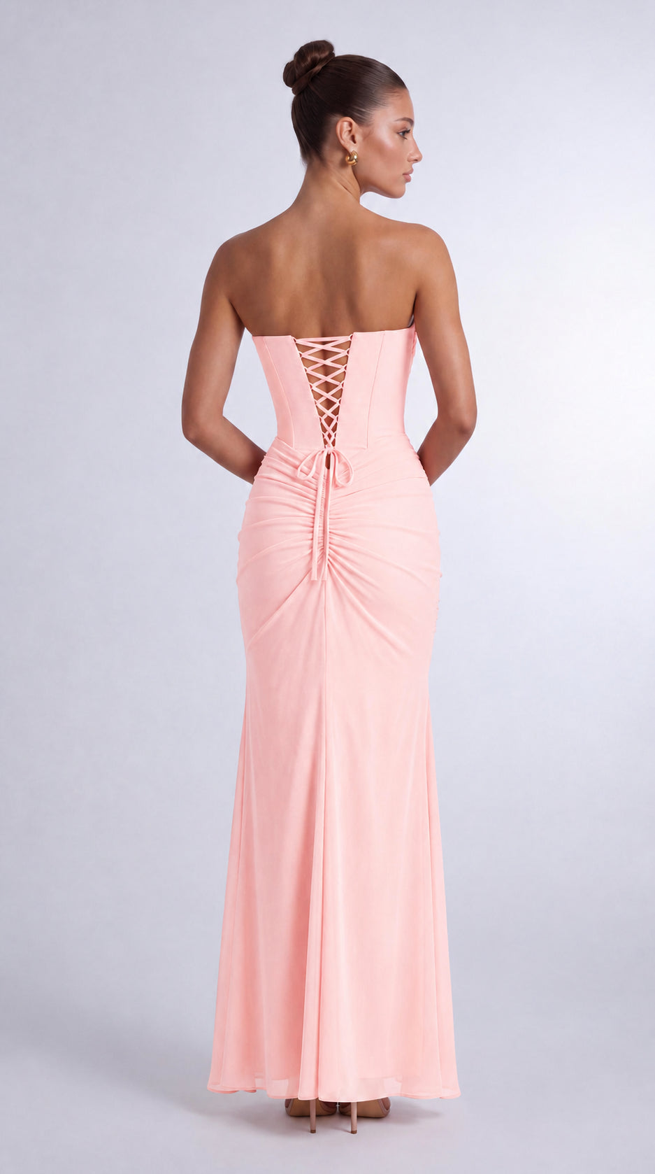 Chiffon Scarf-Tie Strapless Ruched Lace-Up Back Mermaid Maxi Dress – Prom & Evening Gown - Light Pink - View 3