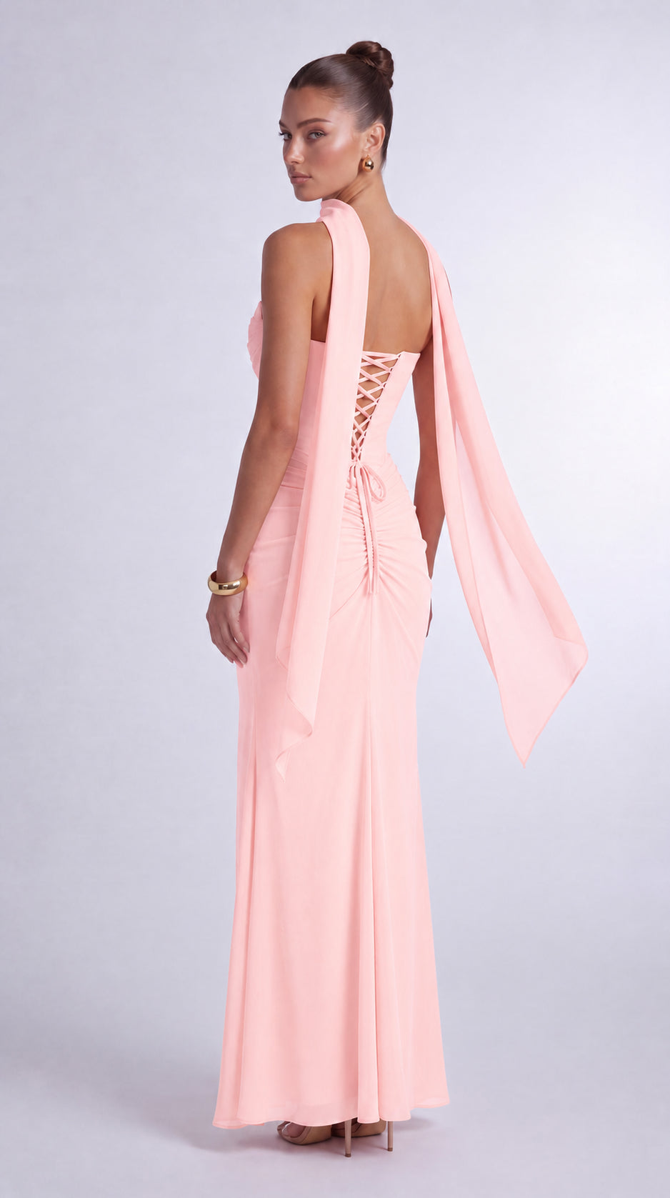 Chiffon Scarf-Tie Strapless Ruched Lace-Up Back Mermaid Maxi Dress – Prom & Evening Gown - Light Pink - View 4