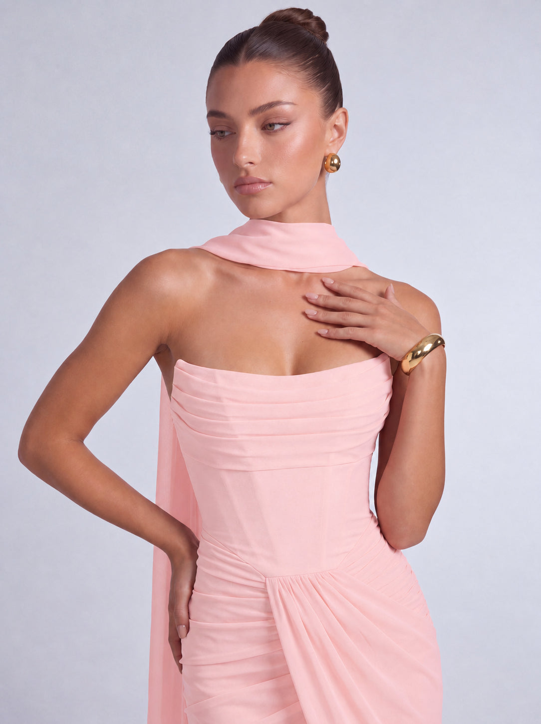 Chiffon Scarf-Tie Strapless Ruched Lace-Up Back Mermaid Maxi Dress – Prom & Evening Gown - Light Pink - View 5