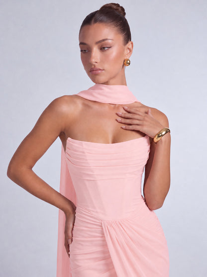 Chiffon Scarf-Tie Strapless Ruched Lace-Up Back Mermaid Maxi Dress – Prom & Evening Gown - Light Pink - View 5