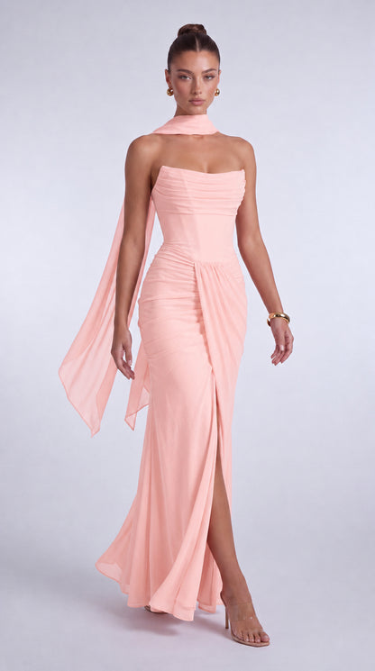 Chiffon Scarf-Tie Strapless Ruched Lace-Up Back Mermaid Maxi Dress – Prom & Evening Gown - Light Pink - View 6