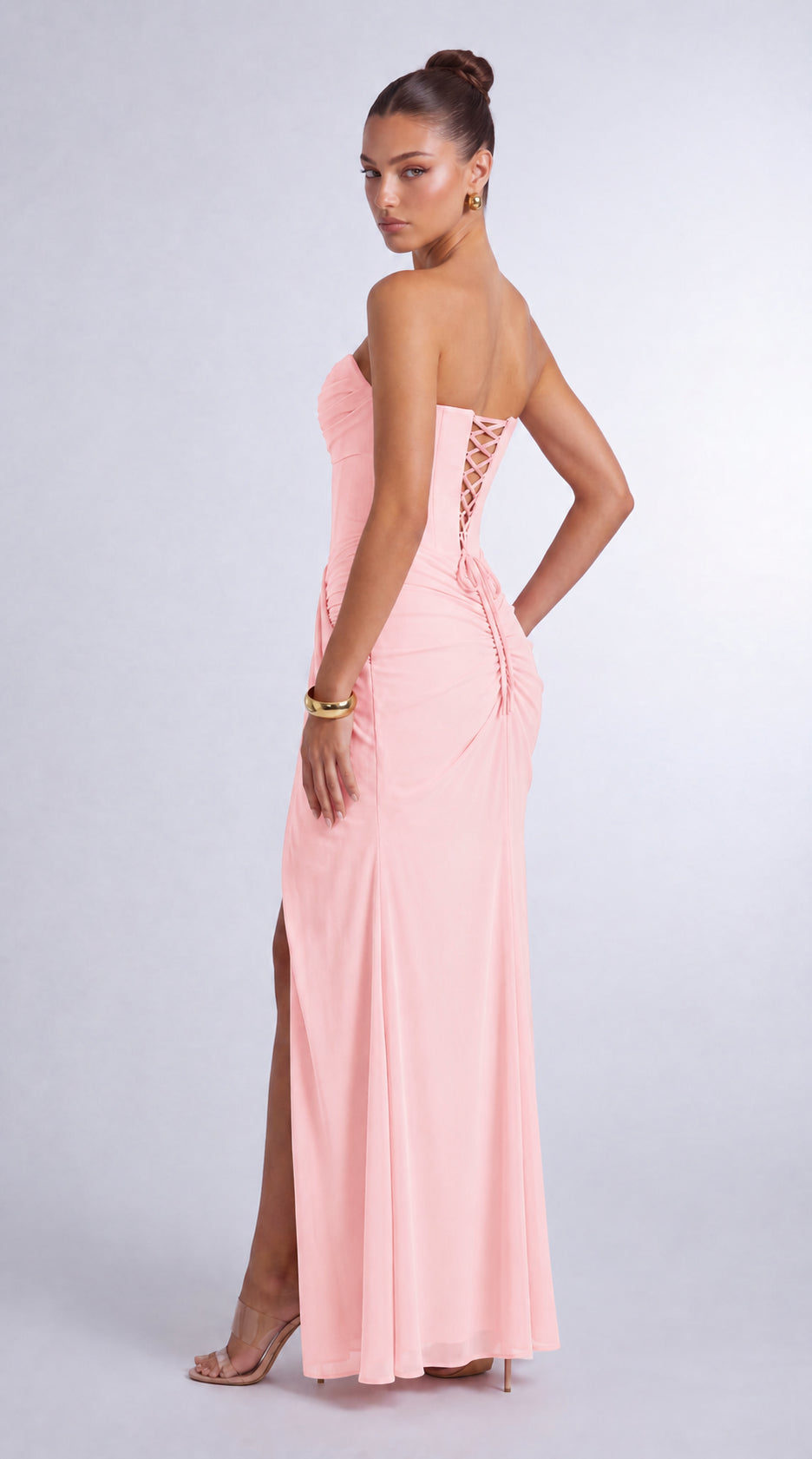 Chiffon Scarf-Tie Strapless Ruched Lace-Up Back Mermaid Maxi Dress – Prom & Evening Gown - Light Pink - View 8