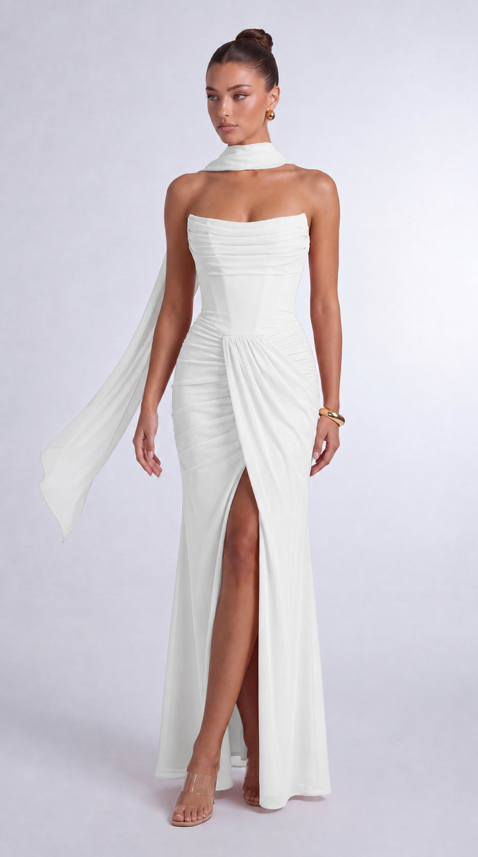 Chiffon Scarf-Tie Strapless Ruched Lace-Up Back Mermaid Maxi Dress – Prom & Evening Gown - White - View 2