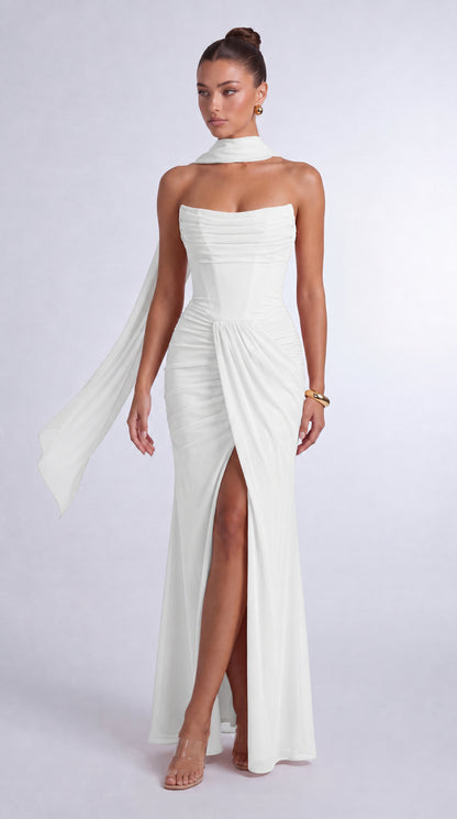 Chiffon Scarf-Tie Strapless Ruched Lace-Up Back Mermaid Maxi Dress – Prom & Evening Gown - White - View 2
