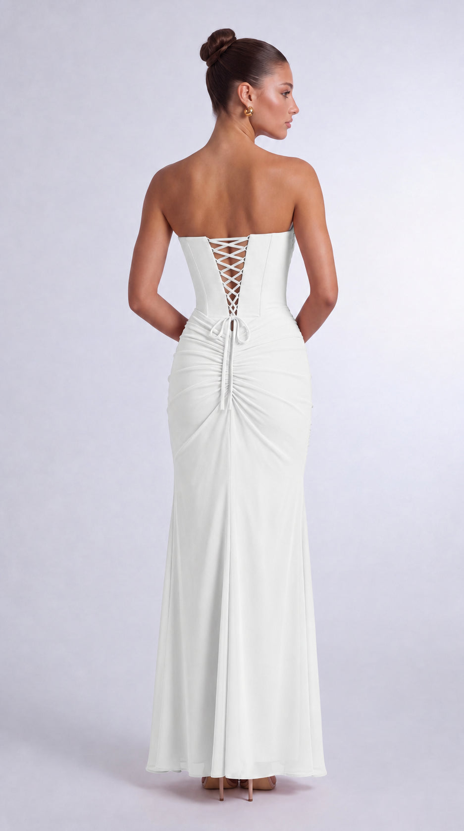 Chiffon Scarf-Tie Strapless Ruched Lace-Up Back Mermaid Maxi Dress – Prom & Evening Gown - White - View 3