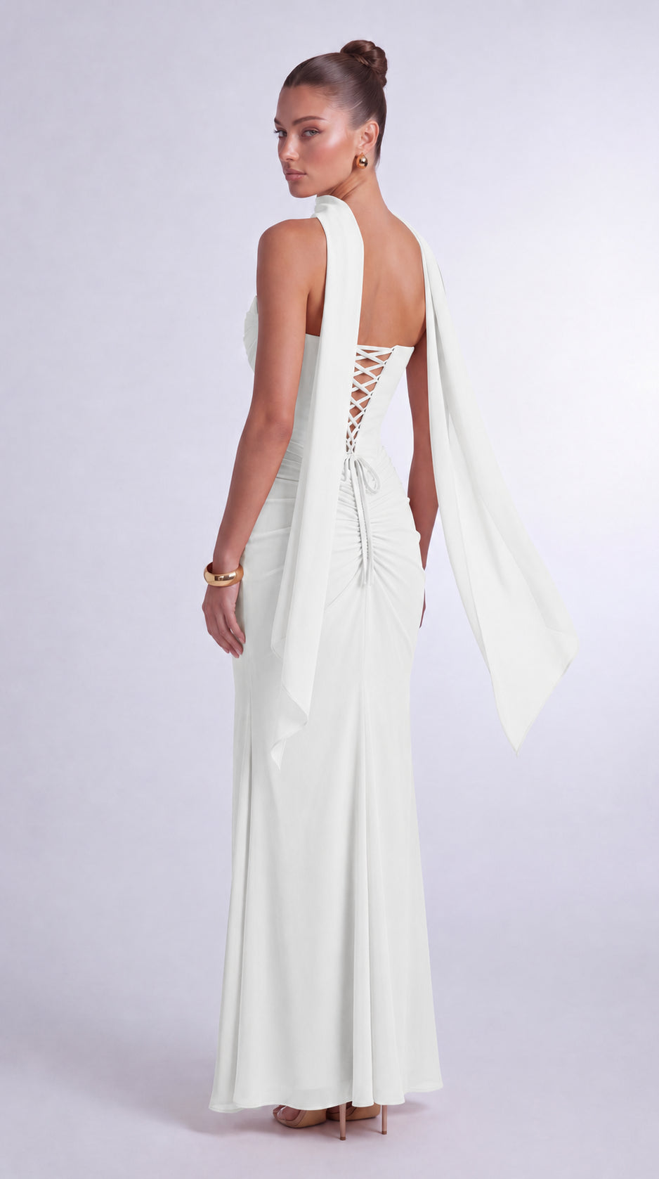 Chiffon Scarf-Tie Strapless Ruched Lace-Up Back Mermaid Maxi Dress – Prom & Evening Gown - White - View 4