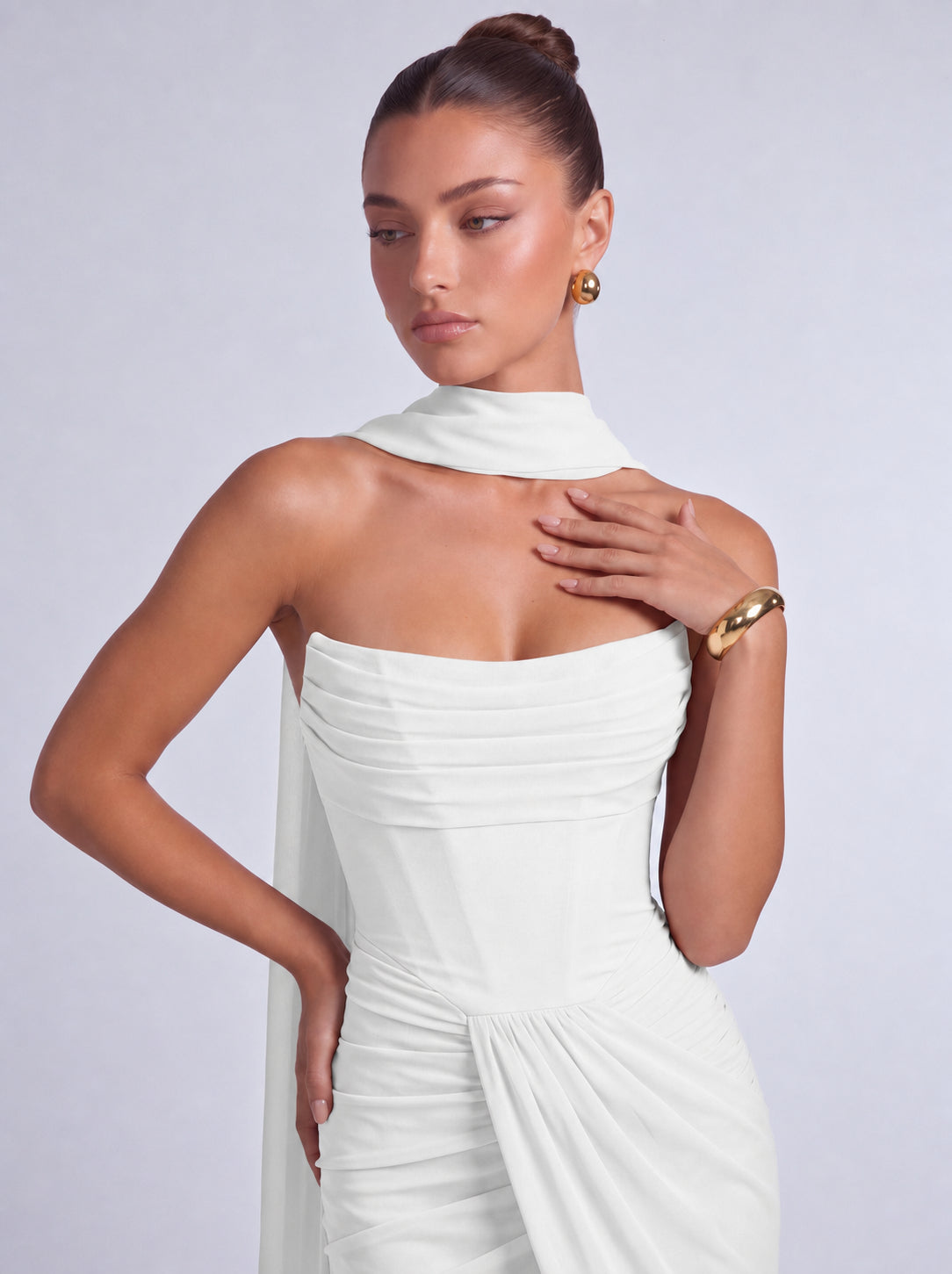 Chiffon Scarf-Tie Strapless Ruched Lace-Up Back Mermaid Maxi Dress – Prom & Evening Gown - White - View 5