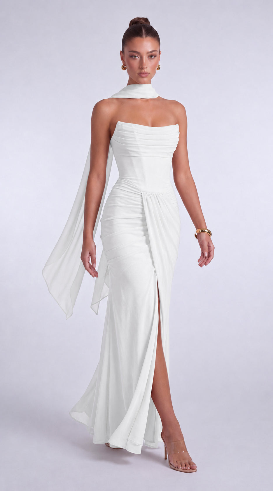 Chiffon Scarf-Tie Strapless Ruched Lace-Up Back Mermaid Maxi Dress – Prom & Evening Gown - White - View 6