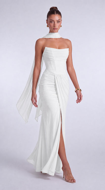 Chiffon Scarf-Tie Strapless Ruched Lace-Up Back Mermaid Maxi Dress – Prom & Evening Gown - White - View 6