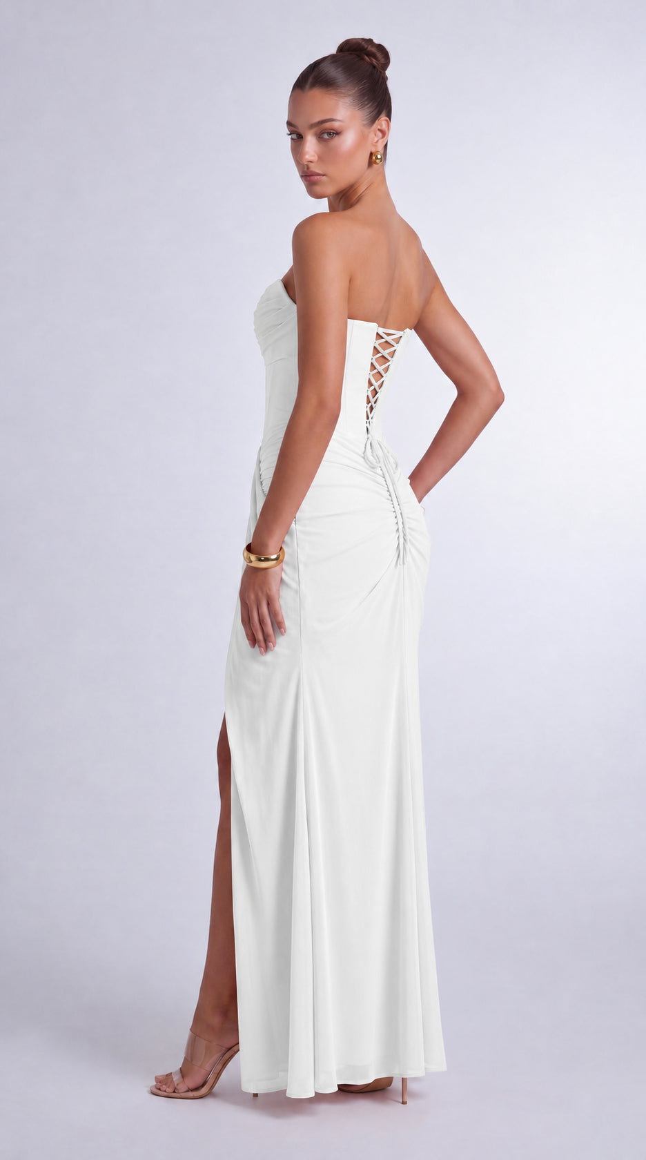 Chiffon Scarf-Tie Strapless Ruched Lace-Up Back Mermaid Maxi Dress – Prom & Evening Gown - White - View 8