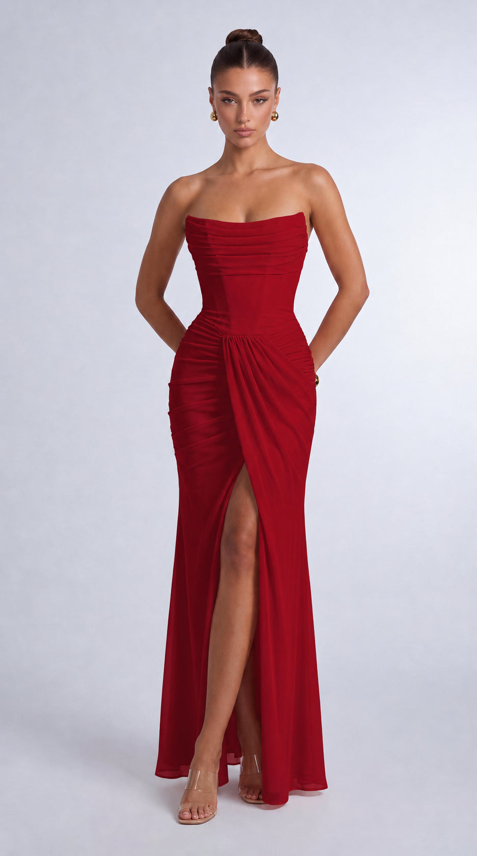 Chiffon Scarf-Tie Strapless Ruched Lace-Up Back Mermaid Maxi Dress – Prom & Evening Gown - Wine Red - View 1