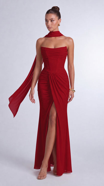 Chiffon Scarf-Tie Strapless Ruched Lace-Up Back Mermaid Maxi Dress – Prom & Evening Gown - Wine Red - View 2