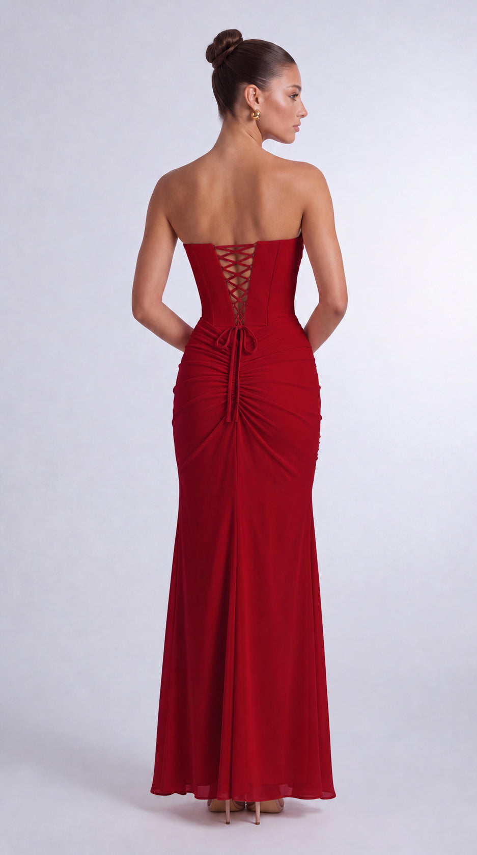 Chiffon Scarf-Tie Strapless Ruched Lace-Up Back Mermaid Maxi Dress – Prom & Evening Gown - Wine Red - View 3