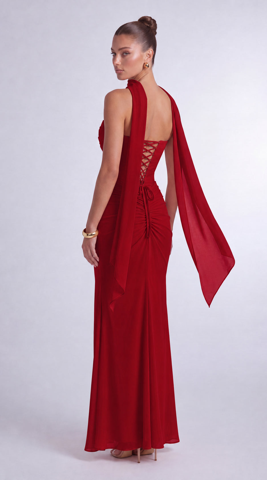 Chiffon Scarf-Tie Strapless Ruched Lace-Up Back Mermaid Maxi Dress – Prom & Evening Gown - Wine Red - View 4