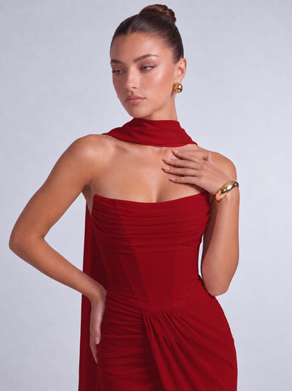 Chiffon Scarf-Tie Strapless Ruched Lace-Up Back Mermaid Maxi Dress – Prom & Evening Gown - Wine Red - View 5