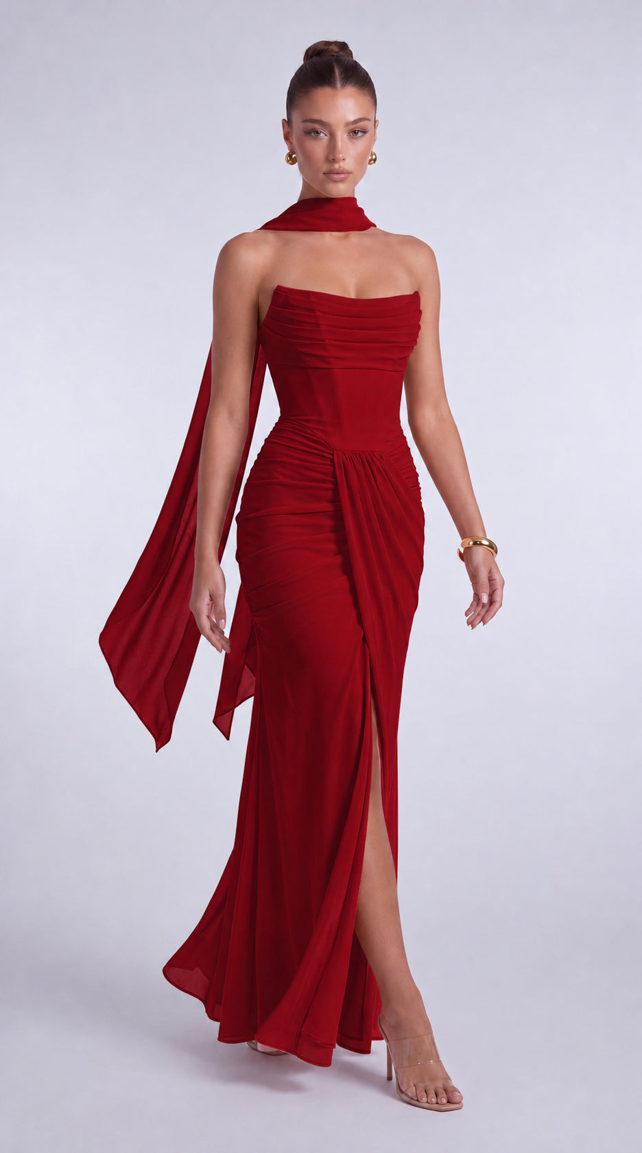 Chiffon Scarf-Tie Strapless Ruched Lace-Up Back Mermaid Maxi Dress – Prom & Evening Gown - Wine Red - View 6
