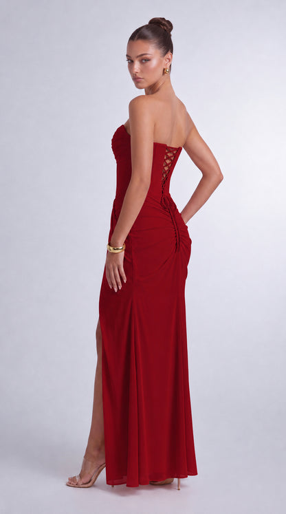 Chiffon Scarf-Tie Strapless Ruched Lace-Up Back Mermaid Maxi Dress – Prom & Evening Gown - Wine Red - View 8