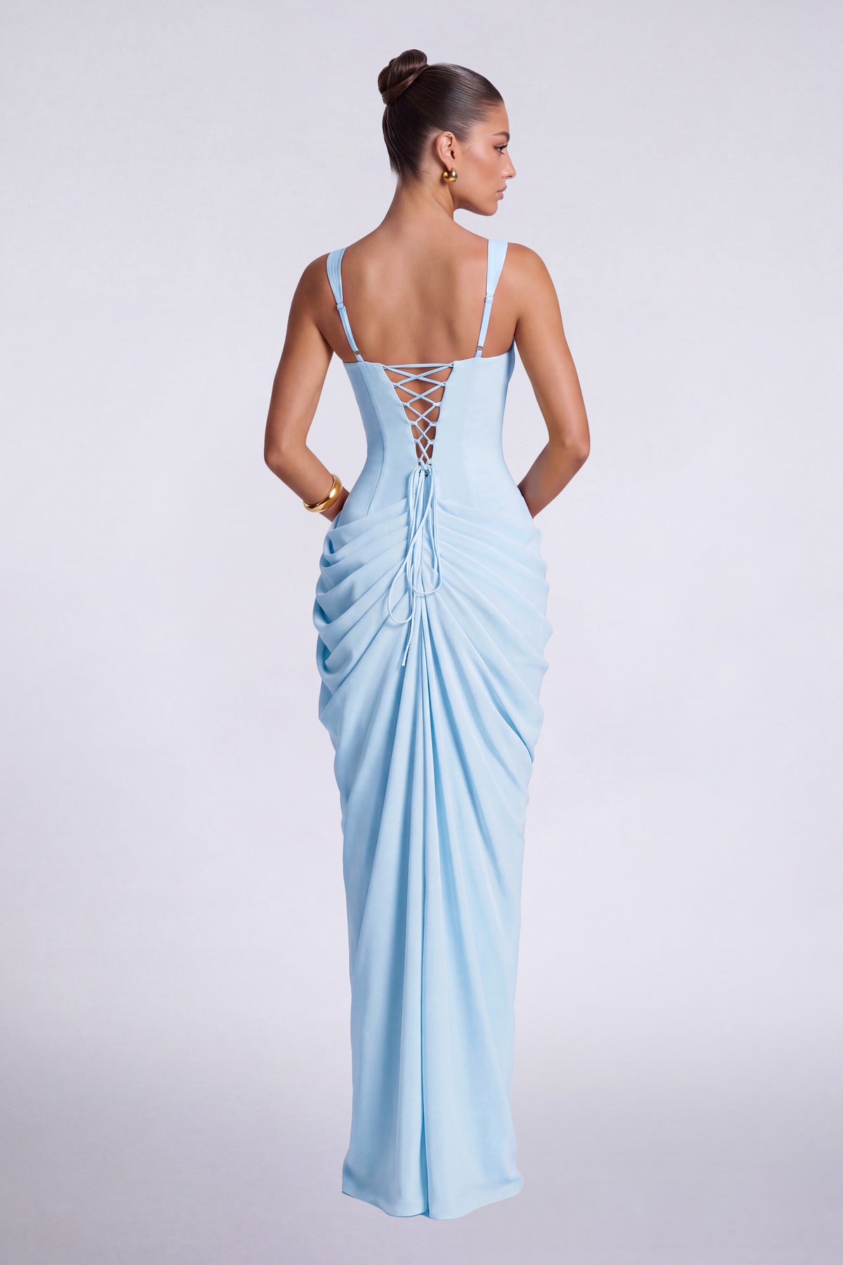 Chiffon Wide-Strap Corset Ruched Lace-Up Slit Maxi Dress – Prom & Evening Gown - Baby Blue - View 4