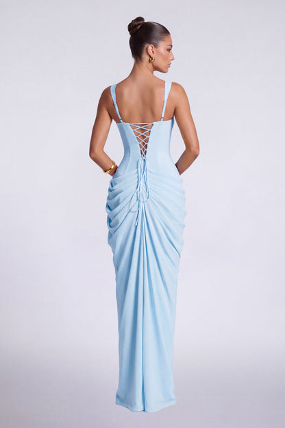 Chiffon Wide-Strap Corset Ruched Lace-Up Slit Maxi Dress – Prom & Evening Gown - Baby Blue - View 4