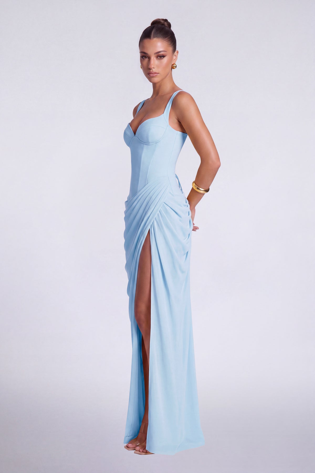 Chiffon Wide-Strap Corset Ruched Lace-Up Slit Maxi Dress – Prom & Evening Gown - Baby Blue - View 5