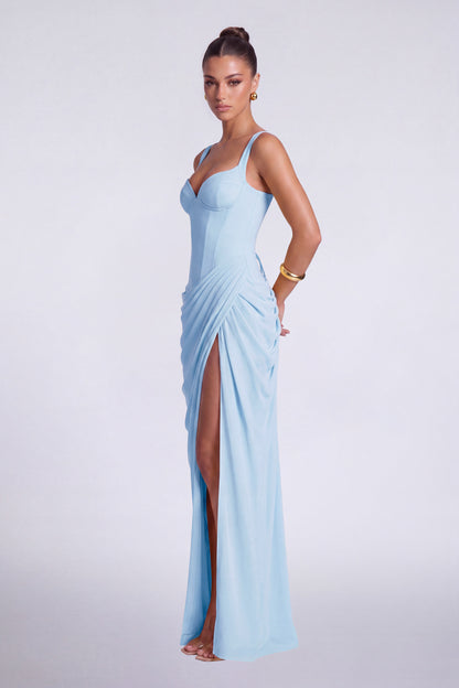 Chiffon Wide-Strap Corset Ruched Lace-Up Slit Maxi Dress – Prom & Evening Gown - Baby Blue - View 5