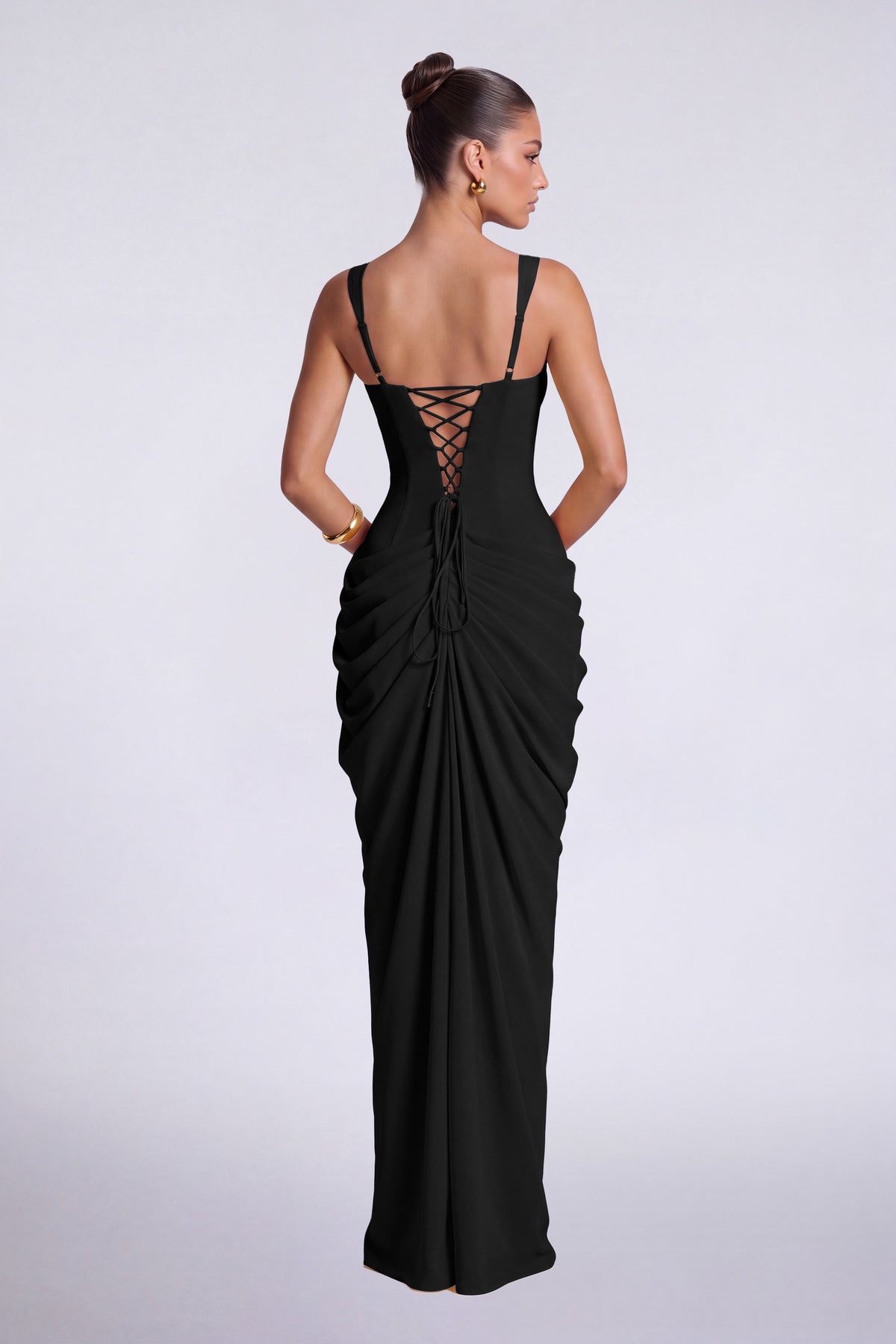 Chiffon Wide-Strap Corset Ruched Lace-Up Slit Maxi Dress – Prom & Evening Gown - Black - View 4