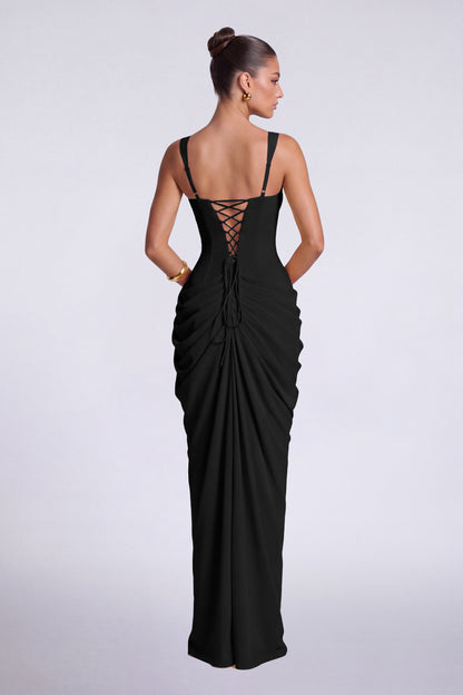 Chiffon Wide-Strap Corset Ruched Lace-Up Slit Maxi Dress – Prom & Evening Gown - Black - View 4