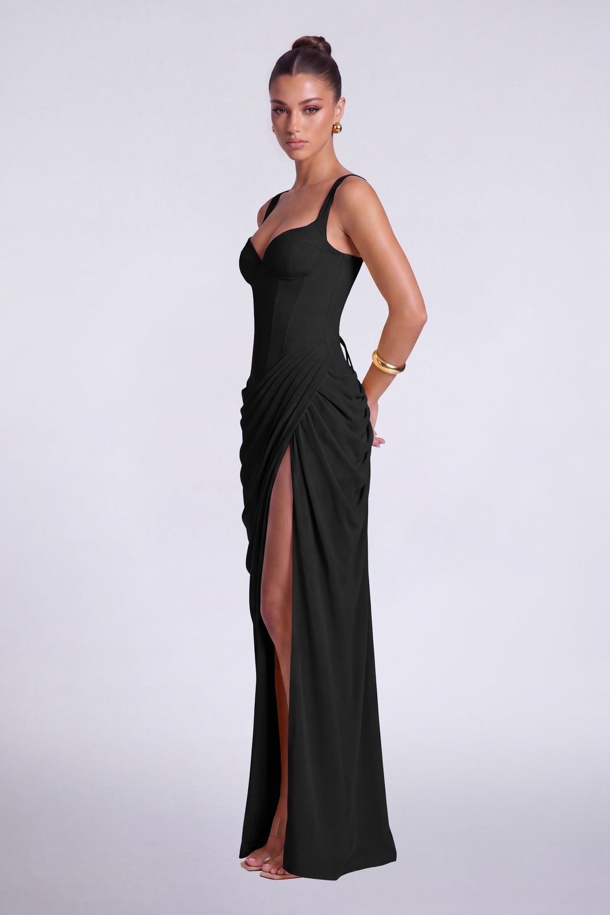 Chiffon Wide-Strap Corset Ruched Lace-Up Slit Maxi Dress – Prom & Evening Gown - Black - View 5