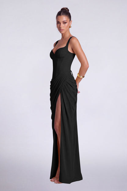 Chiffon Wide-Strap Corset Ruched Lace-Up Slit Maxi Dress – Prom & Evening Gown - Black - View 5