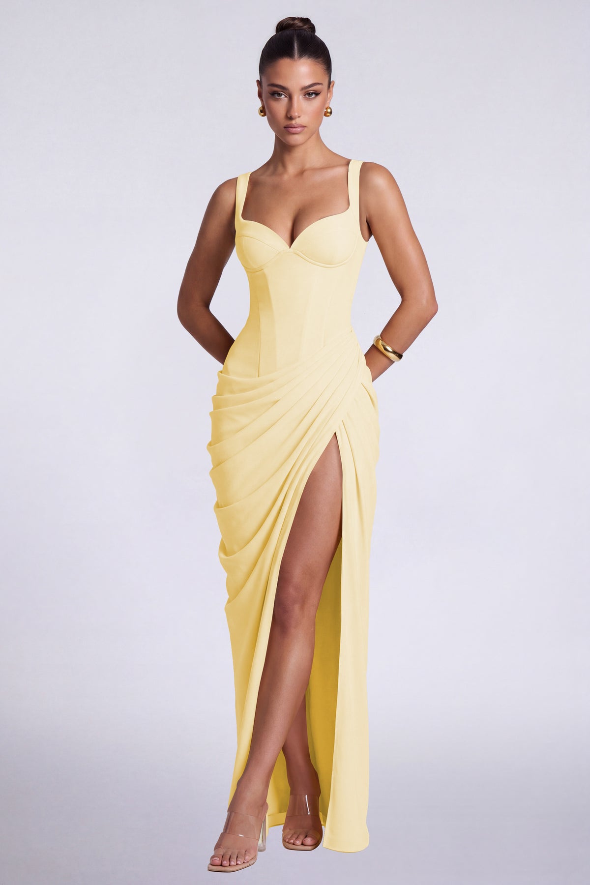 Chiffon Wide-Strap Corset Ruched Lace-Up Slit Maxi Dress – Prom & Evening Gown - Butter Yellow - View 1