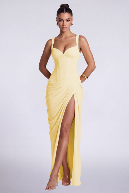 Chiffon Wide-Strap Corset Ruched Lace-Up Slit Maxi Dress – Prom & Evening Gown - Butter Yellow - View 1