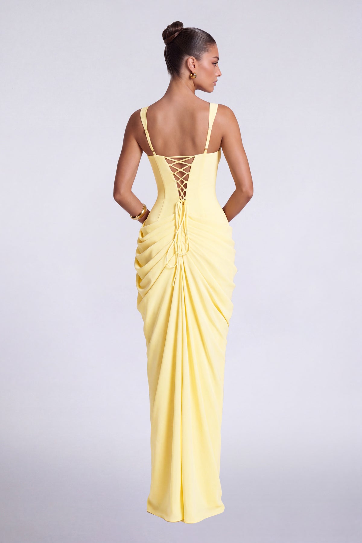 Chiffon Wide-Strap Corset Ruched Lace-Up Slit Maxi Dress – Prom & Evening Gown - Butter Yellow - View 4