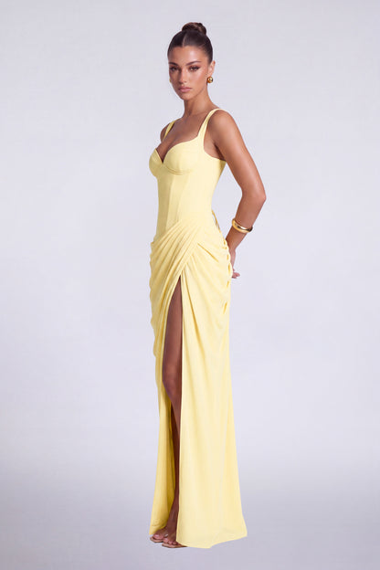 Chiffon Wide-Strap Corset Ruched Lace-Up Slit Maxi Dress – Prom & Evening Gown - Butter Yellow - View 5