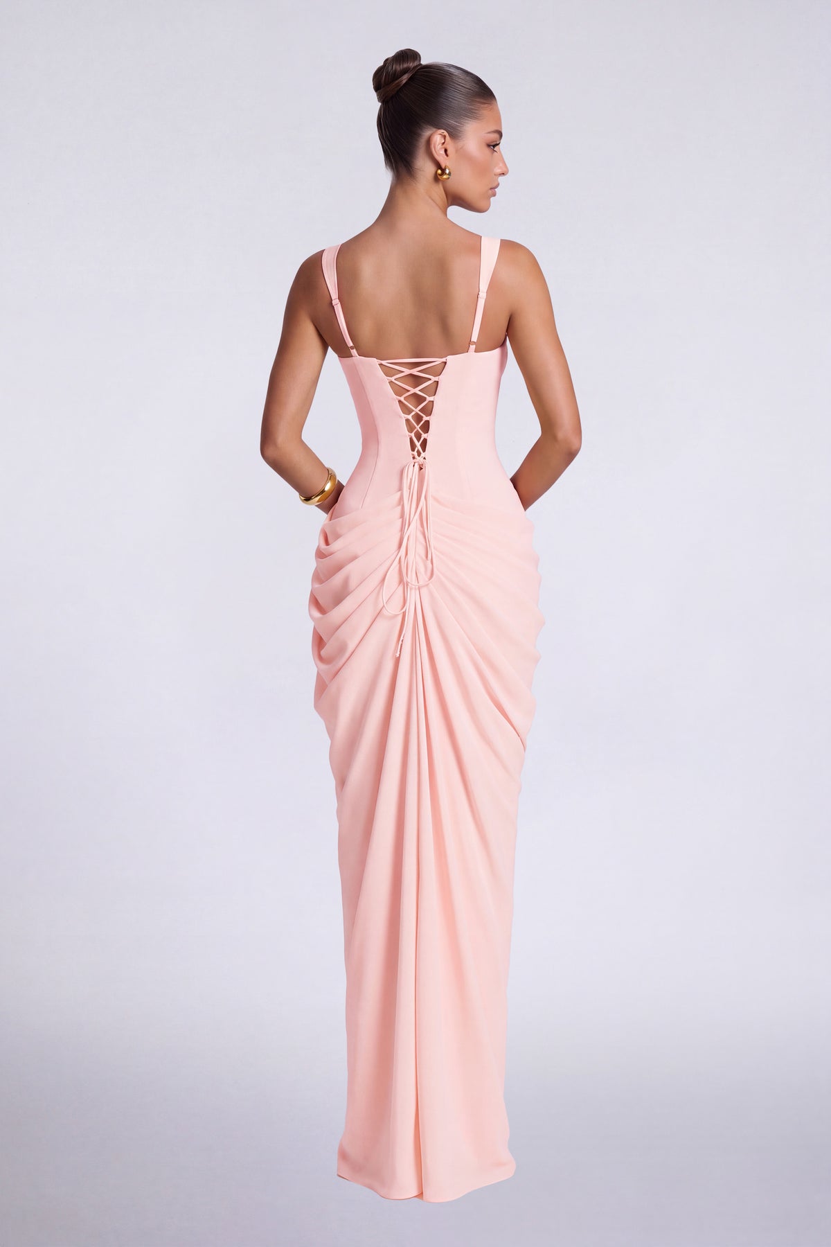 Chiffon Wide-Strap Corset Ruched Lace-Up Slit Maxi Dress – Prom & Evening Gown - Light Pink - View 4
