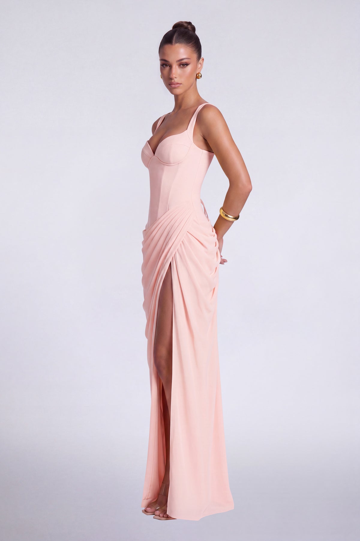Chiffon Wide-Strap Corset Ruched Lace-Up Slit Maxi Dress – Prom & Evening Gown - Light Pink - View 5