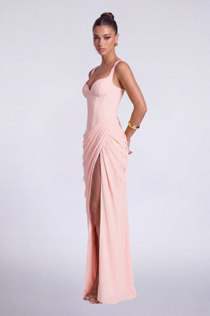 Chiffon Wide-Strap Corset Ruched Lace-Up Slit Maxi Dress – Prom & Evening Gown - Light Pink - View 5