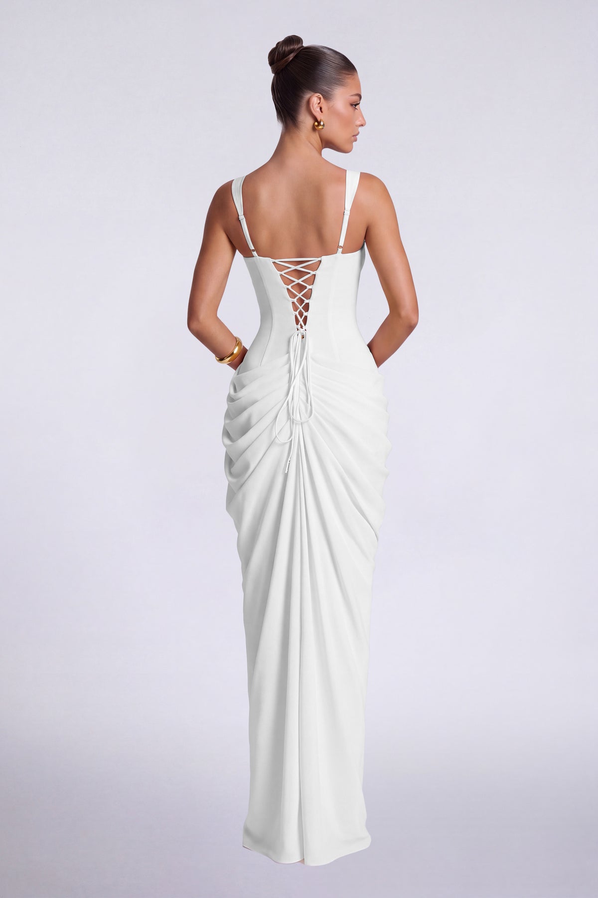 Chiffon Wide-Strap Corset Ruched Lace-Up Slit Maxi Dress – Prom & Evening Gown - White - View 4