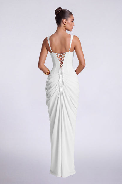 Chiffon Wide-Strap Corset Ruched Lace-Up Slit Maxi Dress – Prom & Evening Gown - White - View 4