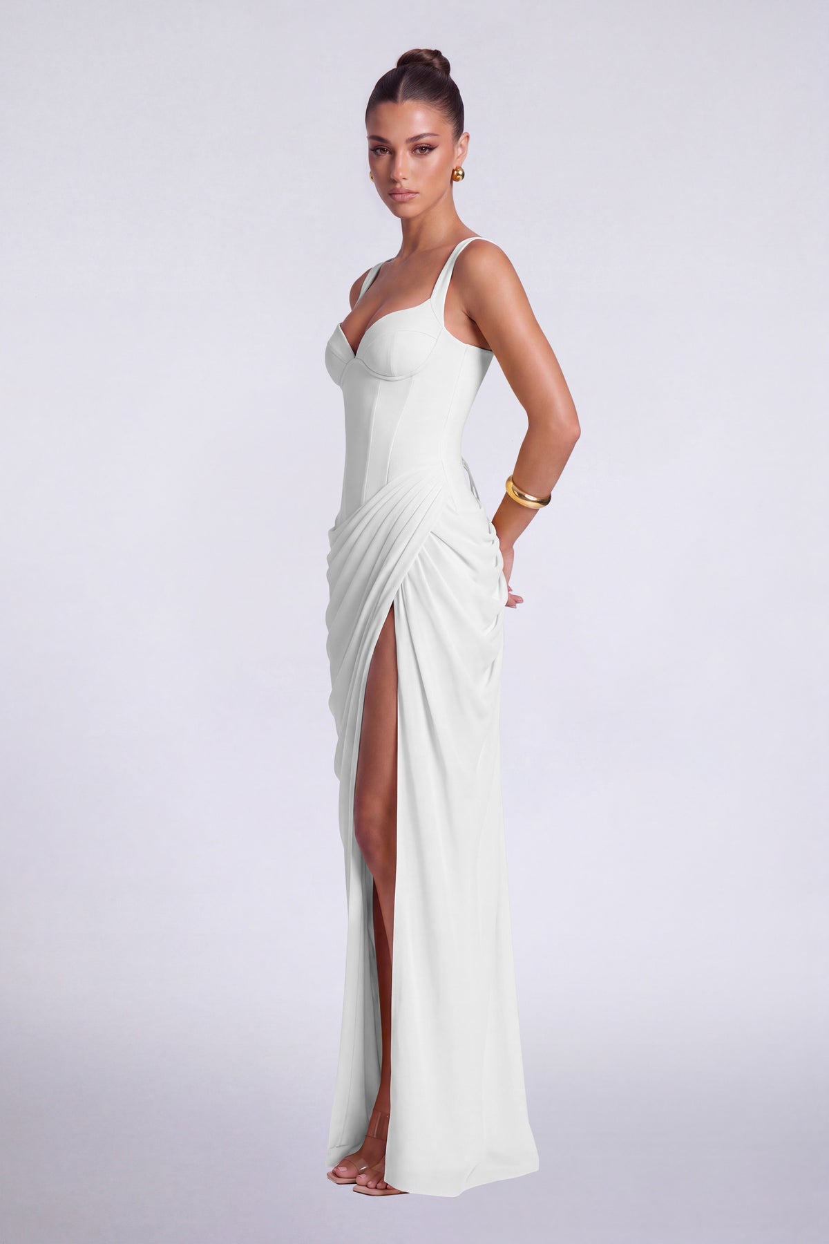 Chiffon Wide-Strap Corset Ruched Lace-Up Slit Maxi Dress – Prom & Evening Gown - White - View 5