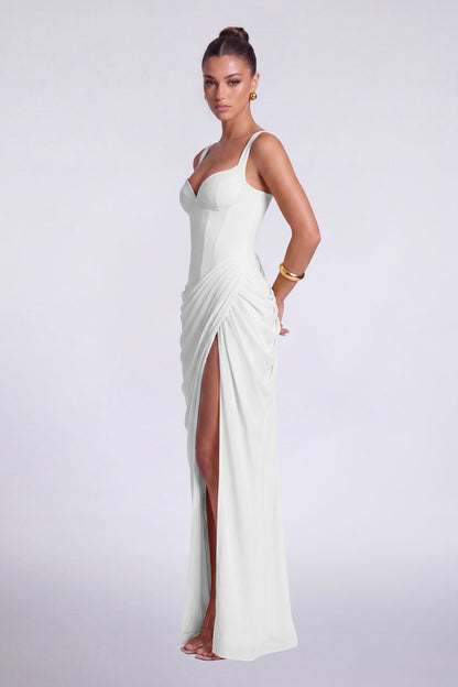 Chiffon Wide-Strap Corset Ruched Lace-Up Slit Maxi Dress – Prom & Evening Gown - White - View 5