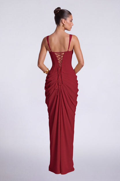 Chiffon Wide-Strap Corset Ruched Lace-Up Slit Maxi Dress – Prom & Evening Gown - Wine Red - View 4