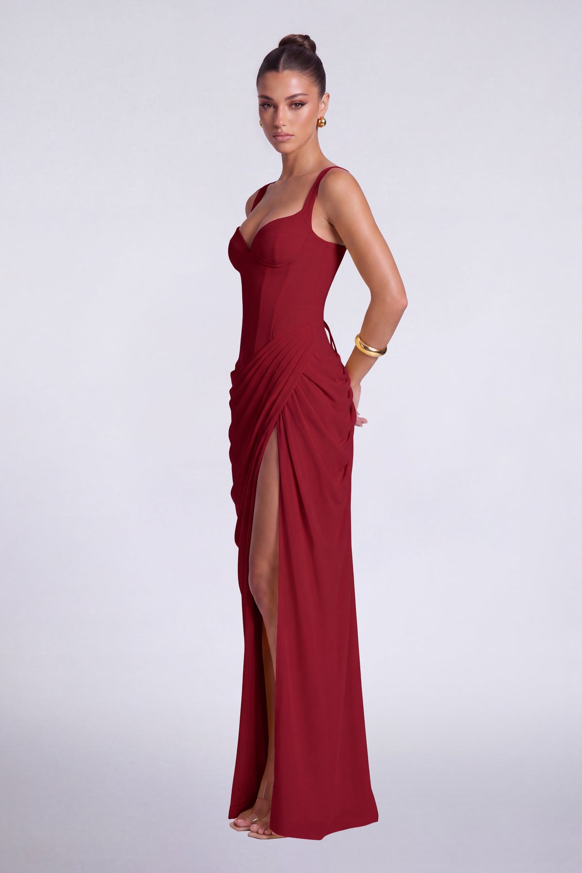 Chiffon Wide-Strap Corset Ruched Lace-Up Slit Maxi Dress – Prom & Evening Gown - Wine Red - View 5